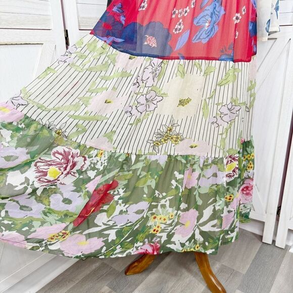 Kaktus Floral Patternblock Patchwork Tiered Maxi Dress Small Cottagecore Boho - Picture 7 of 14